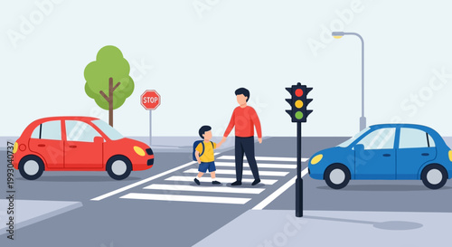 Father and son crossing street at pedestrian crossing with cars and traffic light