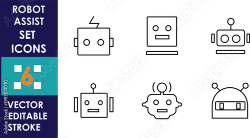 modern Minimal robot assistant icon set featuring line and filled styles, including chatbots, AI avatars, service bots, and automation symbols for UI design use