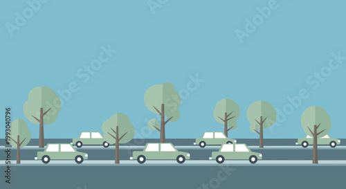 Flat Design Cars and Trees on Road, Traffic Commute Illustration