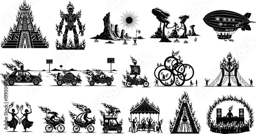 Festival silhouettes, desert celebration, fire art structures, surreal vehicles, dancing figures, DJ performance, community creativity, Burning Man inspired design
