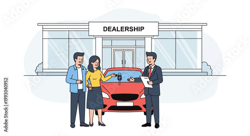 Couple buying car at dealership, salesman handing keys, new vehicle purchase concept