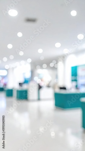 Blurry Interior View of a Modern Retail or Office Space with Teal Accents.