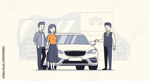 Couple buying car with salesman in dealership, modern illustration