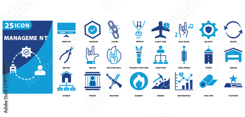 management icon set of monitor, hexagon, chains, jewelry, flight time, rock music, security, round, nippers, maloik, rock and roll, management, organic structure, structure, steel spring, tower