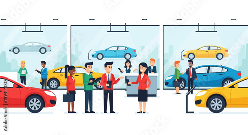 Diverse people shopping for cars in a modern dealership showroom with salespeople