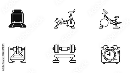 Gym Equipment Set: A minimalist monochrome composition showcasing an array of essential gym equipment, from stationary bikes and weights to a timer. 