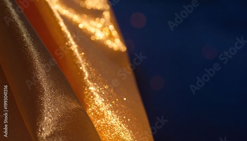 Close-up of Golden Fabric with Sparkling Glitter and Dark Background.