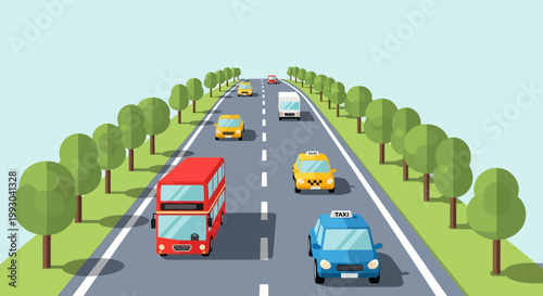 Diverse vehicles driving on a highway lined with trees, illustration