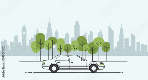 Eco-friendly car driving through a green city with trees and skyscrapers