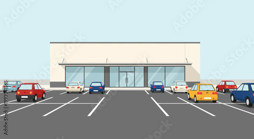 Empty Storefront Parking Lot with Cars, Retail Building Exterior