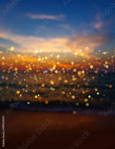 Golden Bokeh Beach Sunset Over Calm Ocean Waves.