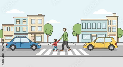 Father and child crossing street at crosswalk with cars and buildings