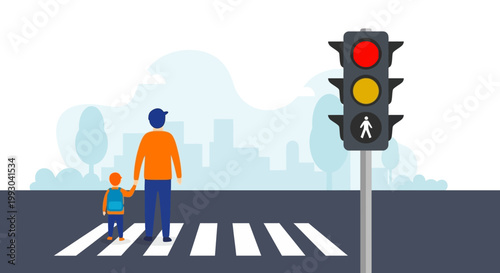 Father and child crossing street at pedestrian crossing with traffic light