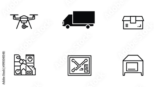 Delivery Icons: A collection of simple, stylized icons, each representing a facet of the delivery industry, from drone and delivery van to package and map