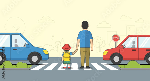 Father and child holding hands at crosswalk, cars stopped, traffic safety concept