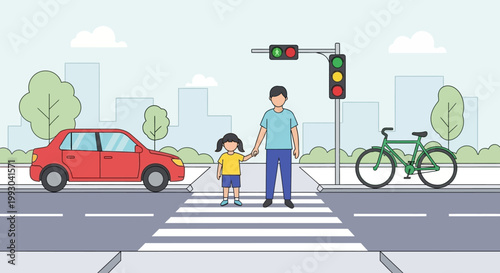 Father and daughter cross street at crosswalk with traffic lights and cars