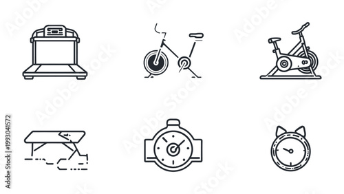 Gym Equipment Collection: An artistic representation showcases essential fitness tools for health and exercise. This set of illustrations includes a treadmill, stationary bike, exercise bike, bench.