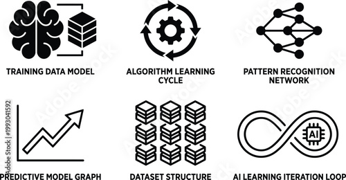 Artificial intelligence concepts brain algorithms patterns prediction data and iteration icons