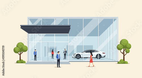 Modern car dealership with people browsing luxury vehicles and a white sedan on display