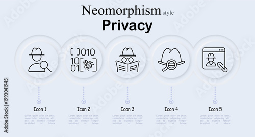 Privacy set icon. Investigator holding magnifier, binary code screen with bug symbol, undercover reader with newspaper glasses hat, detective hat magnifier, browser window user search pointer