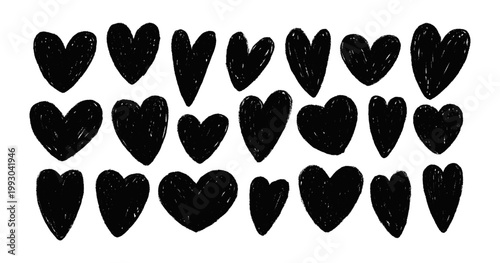 Doodle charcoal hearts sketches set. Handdrawn brush valentine symbols, rough...