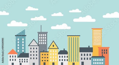 Flat design cityscape with colorful buildings and clouds in a bright blue sky