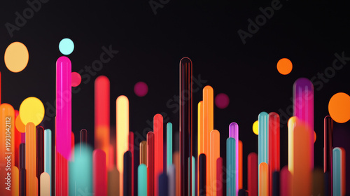 Colorful vertical bars of varying heights with glowing circular lights on a dark background, resembling a vibrant abstract equalizer or cityscape.