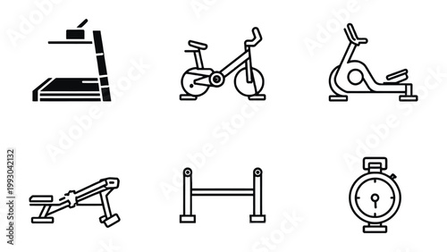 Fitness Equipment Icons: A collection of various fitness equipment icons, meticulously designed in a clean, modern style suitable for any health and fitness project.