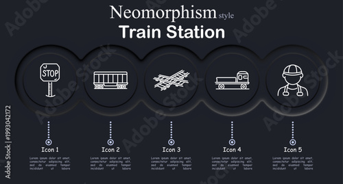 Train station set icon. Neomorphic circular interface line icons with stop railway signal sign, freight wagon carriage, crossing rail tracks, locomotive train vehicle