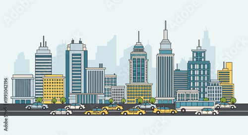 Modern City Skyline with Traffic and Tall Buildings