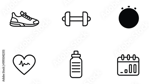 Fitness Icons Collection: A minimalistic illustration featuring a curated set of fitness-related icons. Showcasing the essentials of a healthy lifestyle