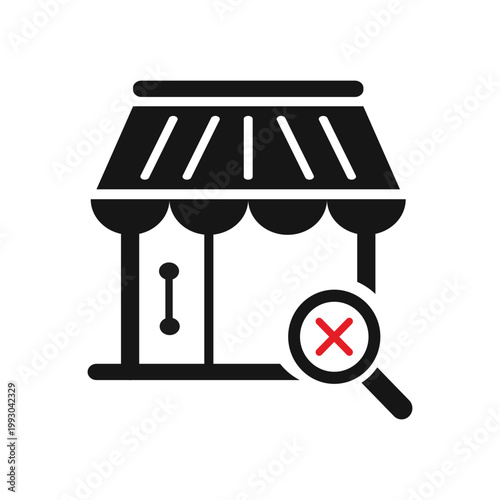 Stylized icon representing a closed store or business with a magnifying glass and a red cross symbol indicating closure