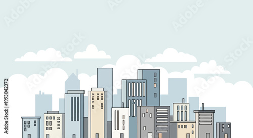 Modern cityscape illustration with diverse building styles under a cloudy sky