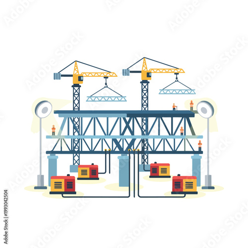 This vector illustration depicts a bustling construction site featuring two large cranes, a multi-level structure, and workers in orange vests.