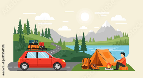 Road trip adventure: red car with luggage near campsite and mountains