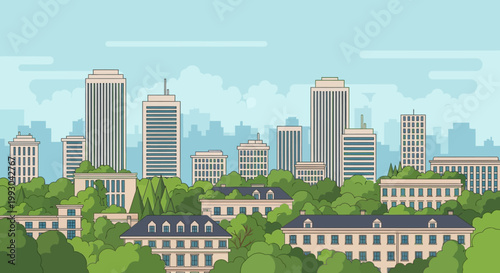 Modern Cityscape with Green Trees and Buildings, Urban Landscape Illustration