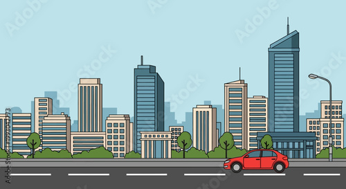 Modern Cityscape with Red Car on Street, Skyline with Tall Buildings and Green Trees