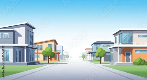 Modern Suburban Street with Contemporary Houses and Green Trees Under Clear Blue Sky