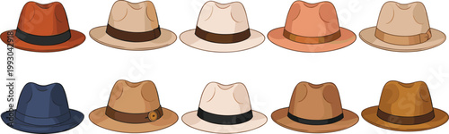 Colorful Vintage Fedora and Trilby Hat Vector Illustration Set Featuring Various Classic Men Fashion Accessories in Brown Beige Orange Blue and Tan for Style and Retro Concept Design