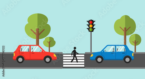 Pedestrian Crossing Traffic Light and Cars on Road
