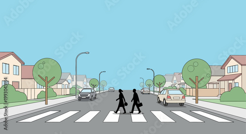 Pedestrians Crossing Busy Street in Suburban Neighborhood