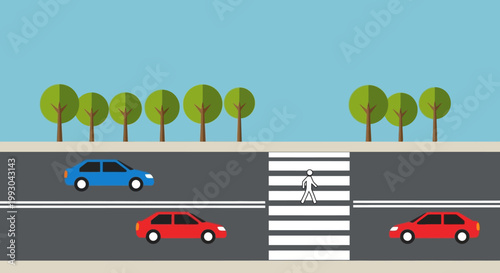 Pedestrian crossing street with cars on road, trees and blue sky background