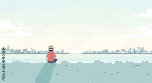 Person in hat watching sunrise over city skyline by tranquil sea, serene contemplation.