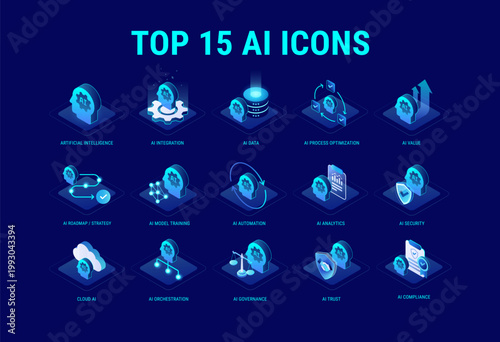 Tableau sur toile AI icons set for technology workflow diagram - AI data, AI automation, integrati