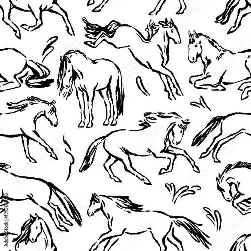Horse sketch, seamless pattern. Endless equine background, texture in charcoa...
