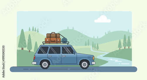 Station Wagon Car Packed With Luggage Driving Through Scenic Countryside Landscape
