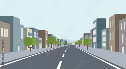 Straight Road Lined with Buildings and Trees, Cityscape Perspective