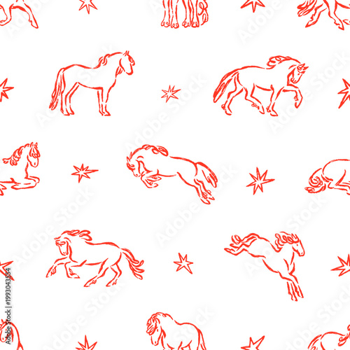 Horses and stars, seamless pattern in doodle sketch style. Endless equine bac...