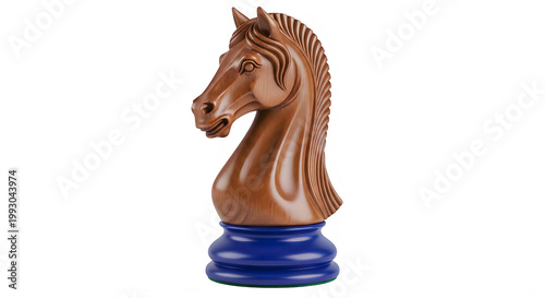 A brown horse head chess piece on a blue base isolated on transparent background