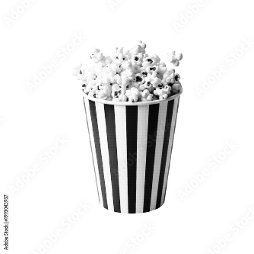Photos A halftone-style black-and-white illustration of a striped popcorn bucket filled to the brim with popped kernels